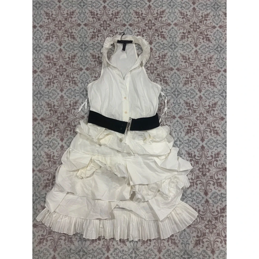 BCBGMAXAZRIA White Ruffle Tiered Belted Halter Dress SLP61378-100 Size 2 NEW